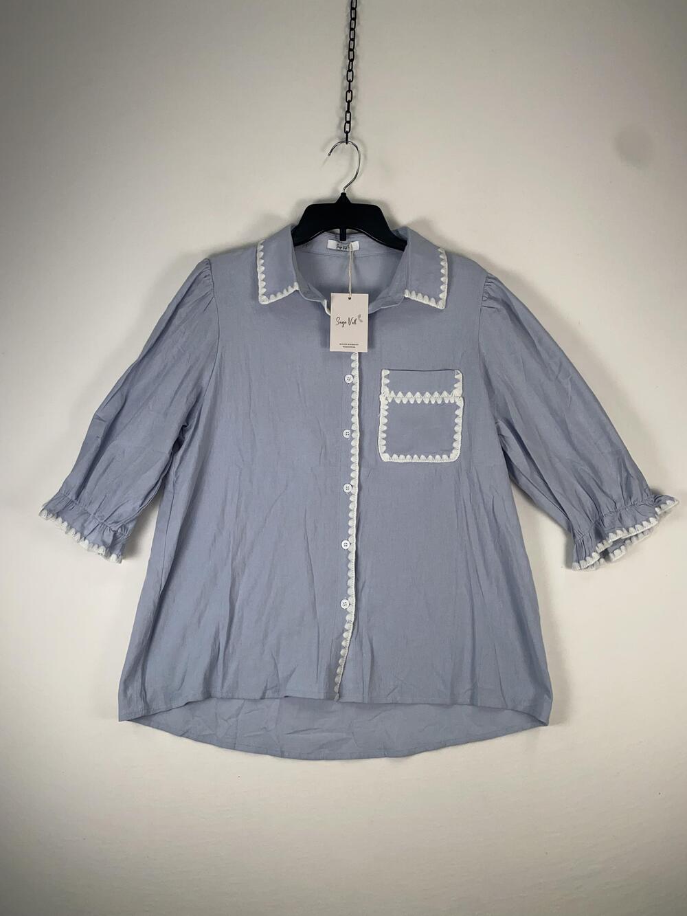 Sage Vell Blouse Womens Large Blue Solid 3/4 Sleeve Crochet Trim Collared Top